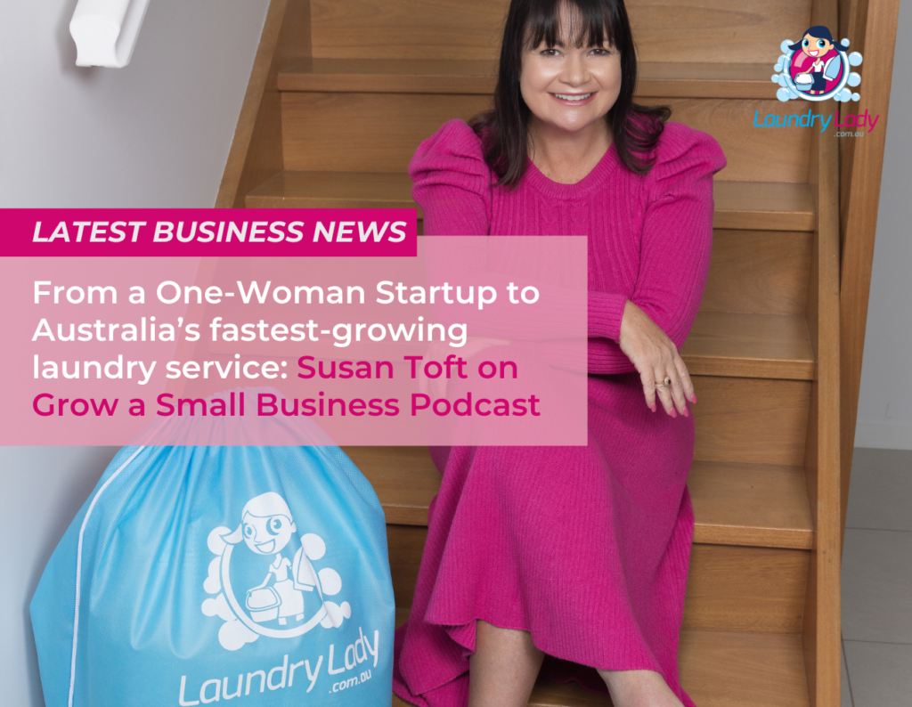 The Laundry Lady - Grow a Small Business Podcast - Susan is sitting at the stairs and looking at the camera